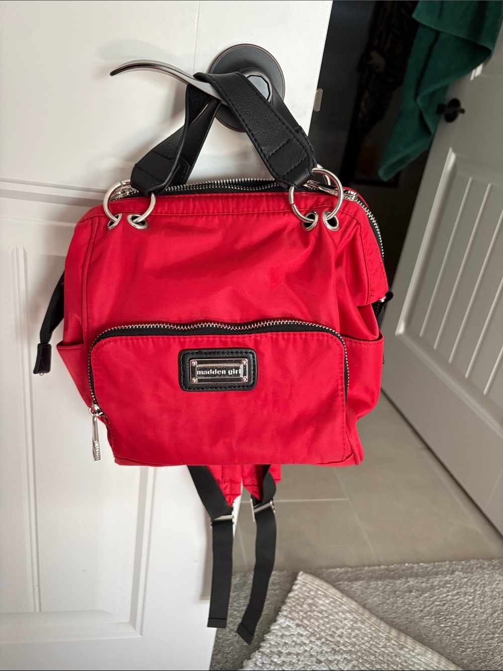 Madden Girl Red Nylon backpack purse with Black Trim - Picture 8 of 9
